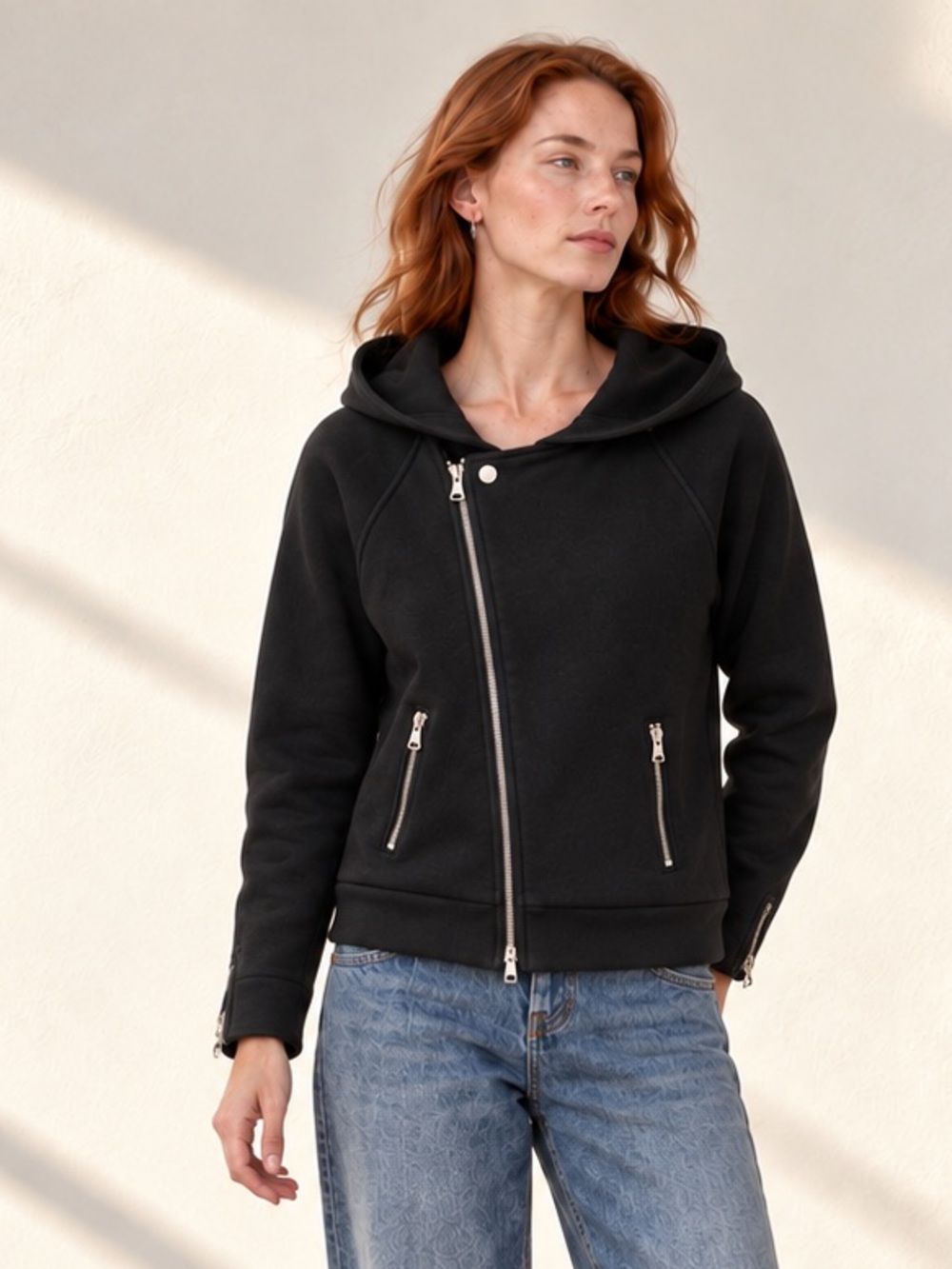 Aritzia TNA Black Cotton Moto Hoodie Asymmetric Zip Jacket Sz M